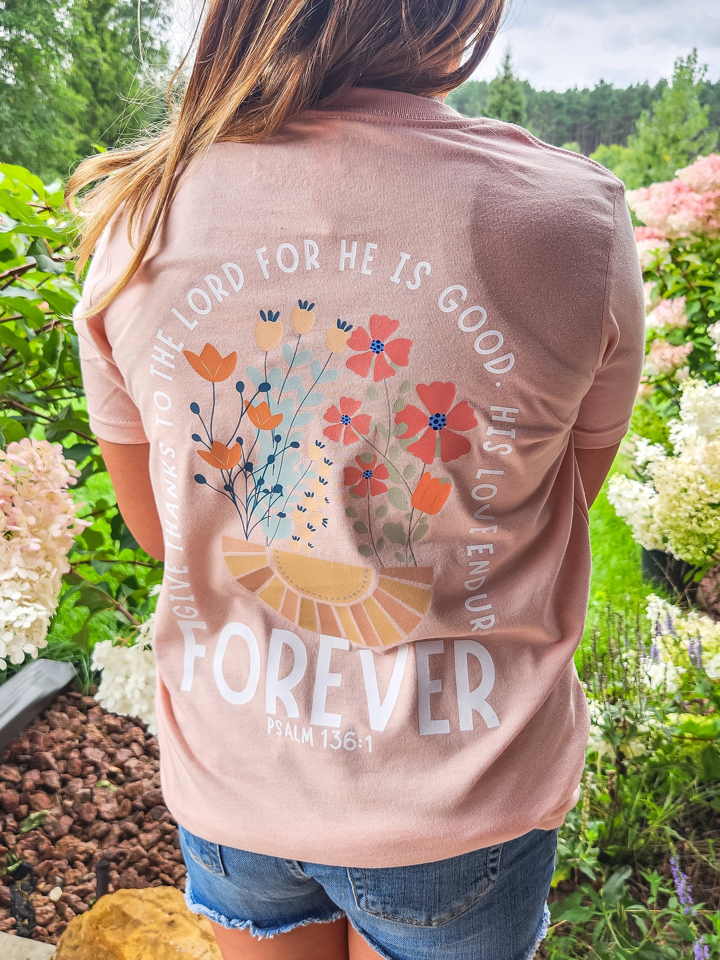 His Love Endures Forever Girls Peach Tee