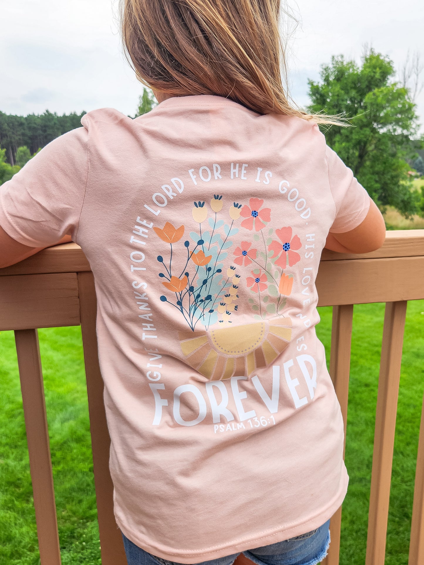 His Love Endures Forever Girls Peach Tee