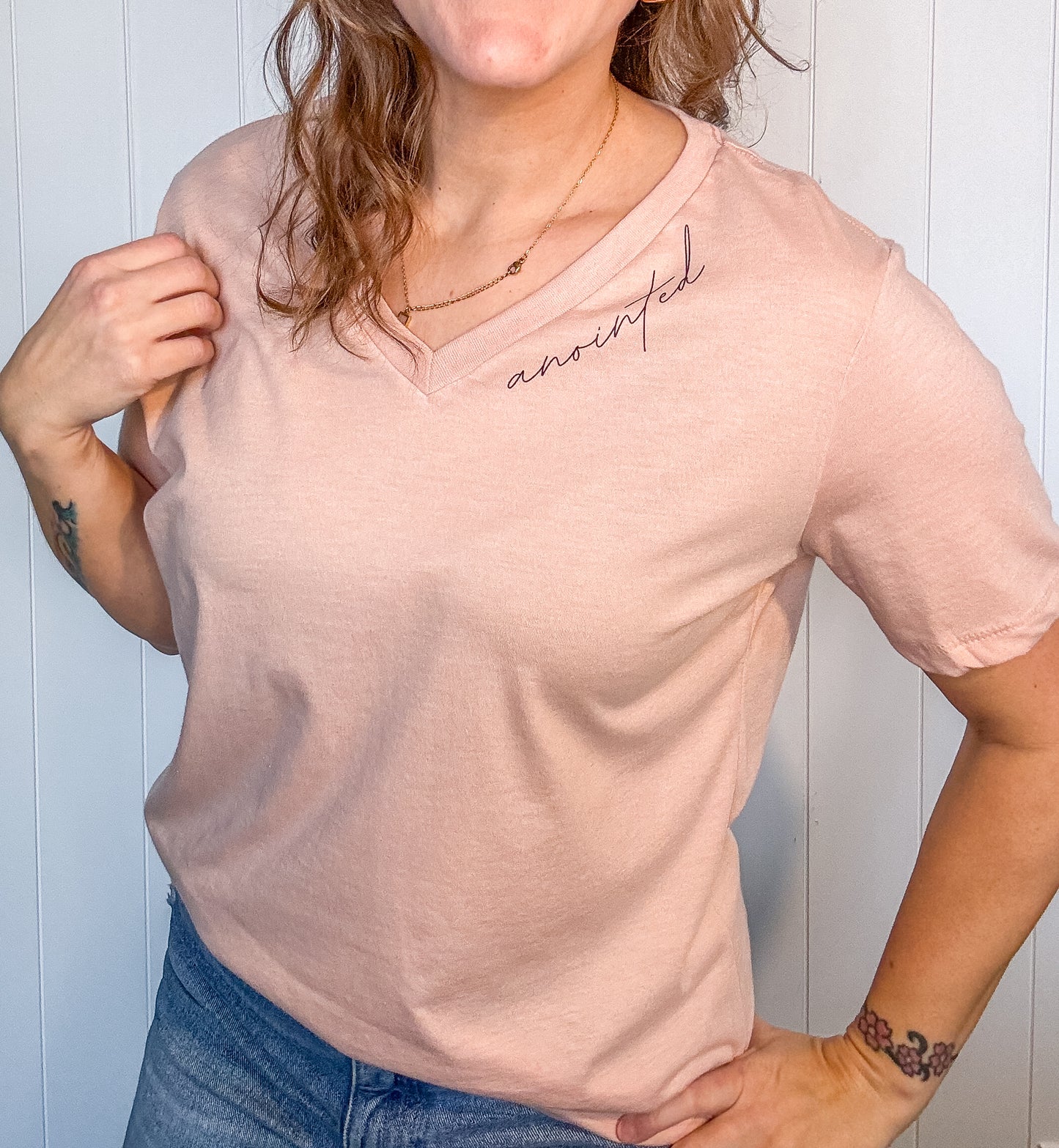 Anointed Psalm 23:5-6 Peach V-neck