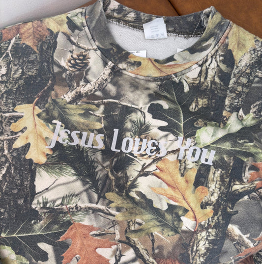 Jesus Loves You Bold Font Camo Crewneck