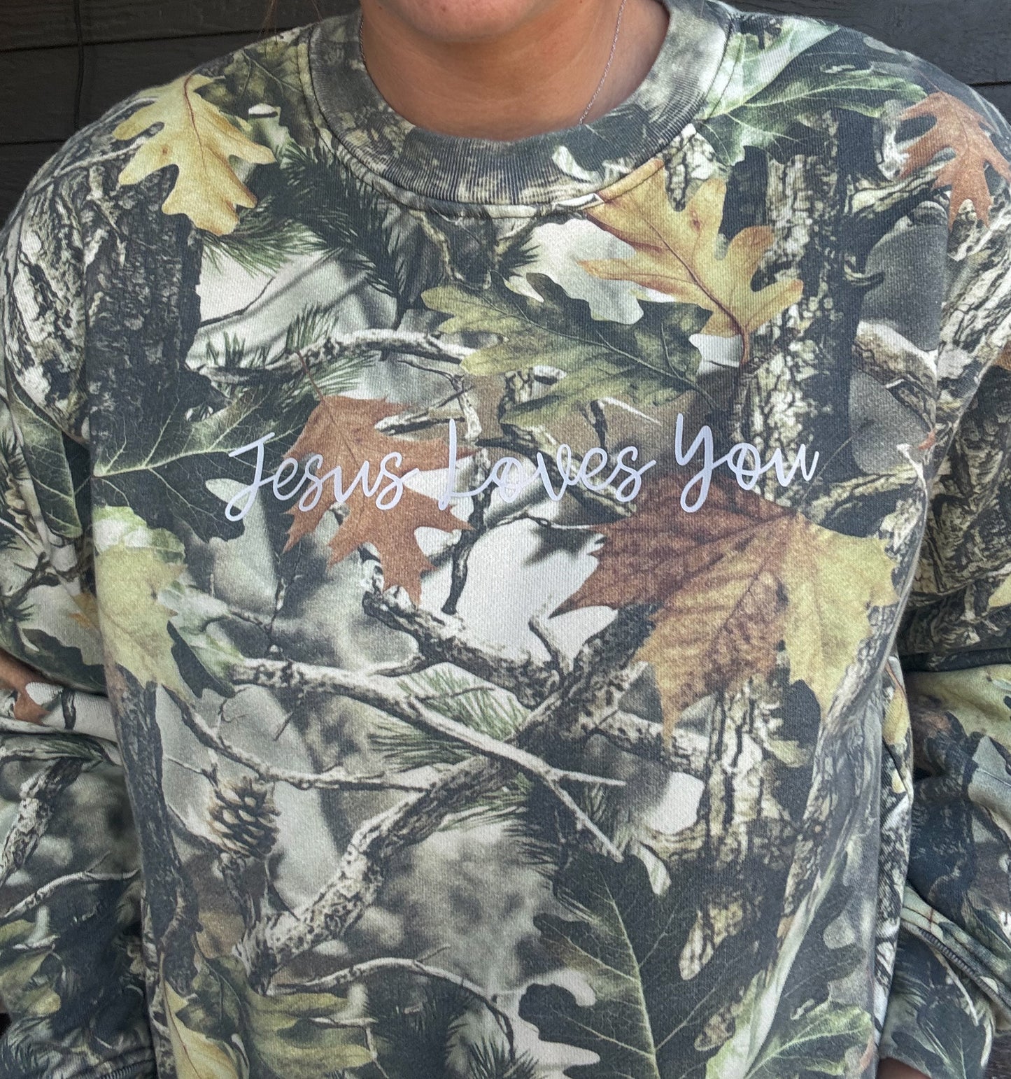 Jesus Loves You Cursive Font Camo Crewneck