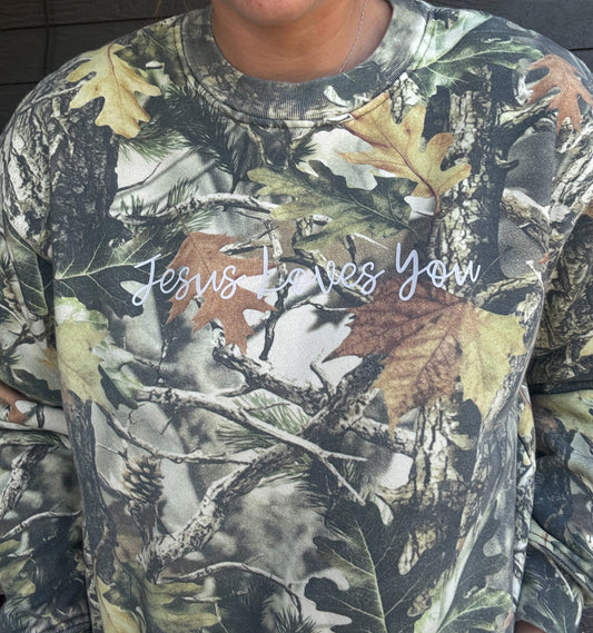 Jesus Loves You Cursive Font Camo Crewneck