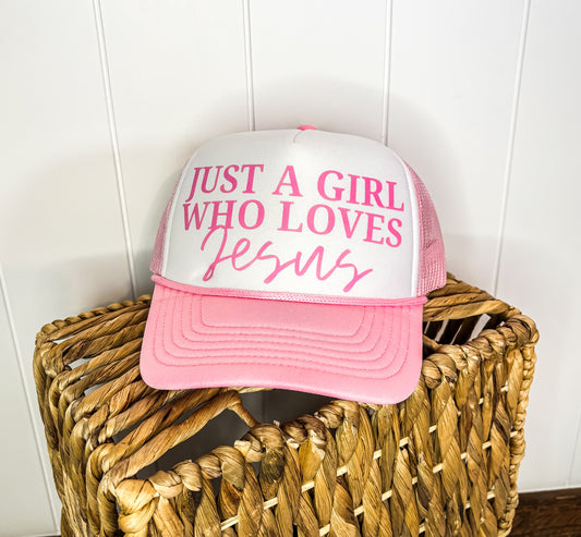 Just a Girl Who Loves Jesus Pink Trucker Hat